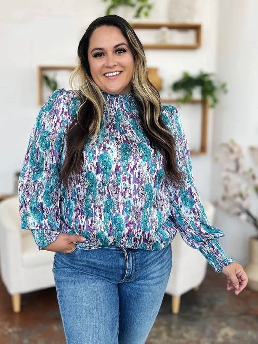 Double Take Full Size Printed Smocked Long Sleeve Blouse - Byyde