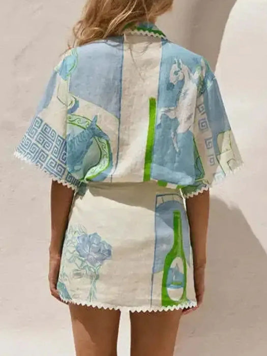 Printed Short Sleeve Shirt and Skirt Set - Byyde