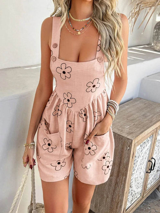 Devine Flower Wide Strap Overalls with Pockets - Byyde