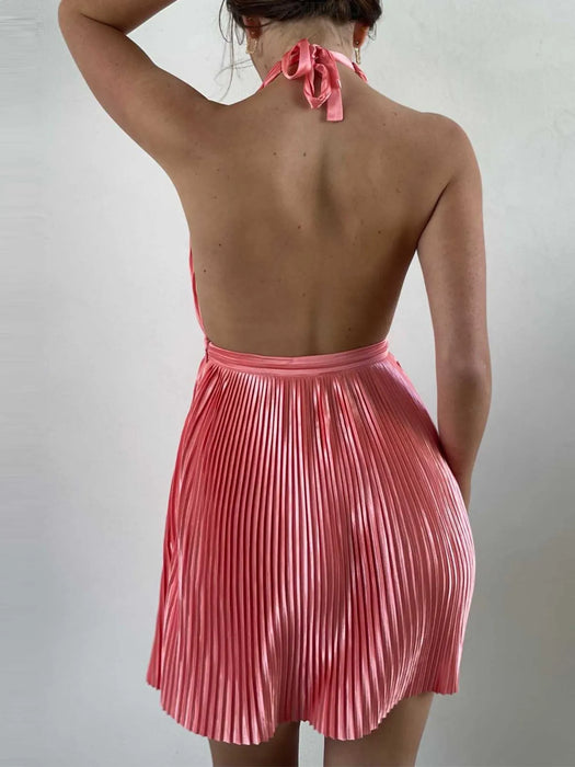Pleated Halter Neck Mini Dress - Byyde