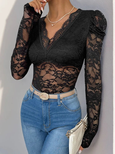 Perfee Lace V-Neck Long Sleeve Bodysuit - Byyde