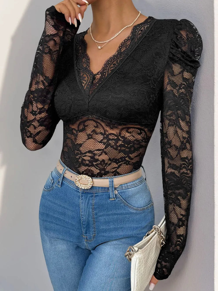 Perfee Lace V-Neck Long Sleeve Bodysuit - Byyde