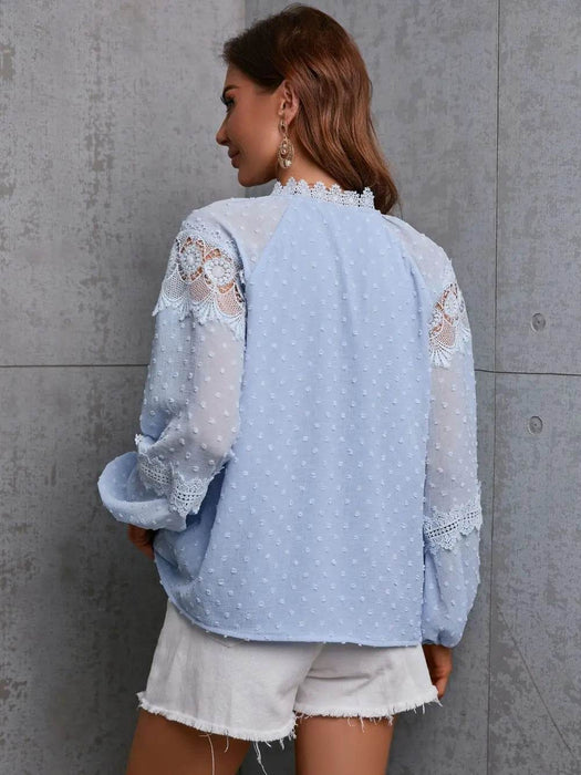 Crochet Tassel Tie Neck Long Sleeve Blouse - Byyde