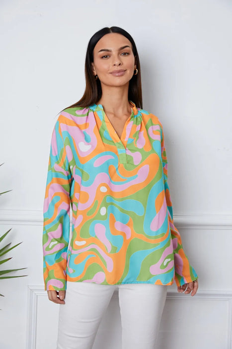 Printed Notched Long Sleeve Blouse - Byyde