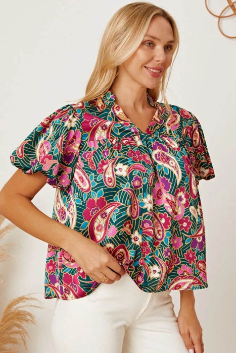 Floral Collared Neck Short Sleeve Blouse - Byyde