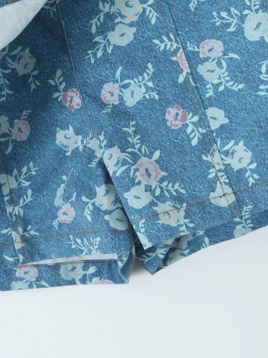 Floral Print Strapless Top and Skort Denim Set - Byyde