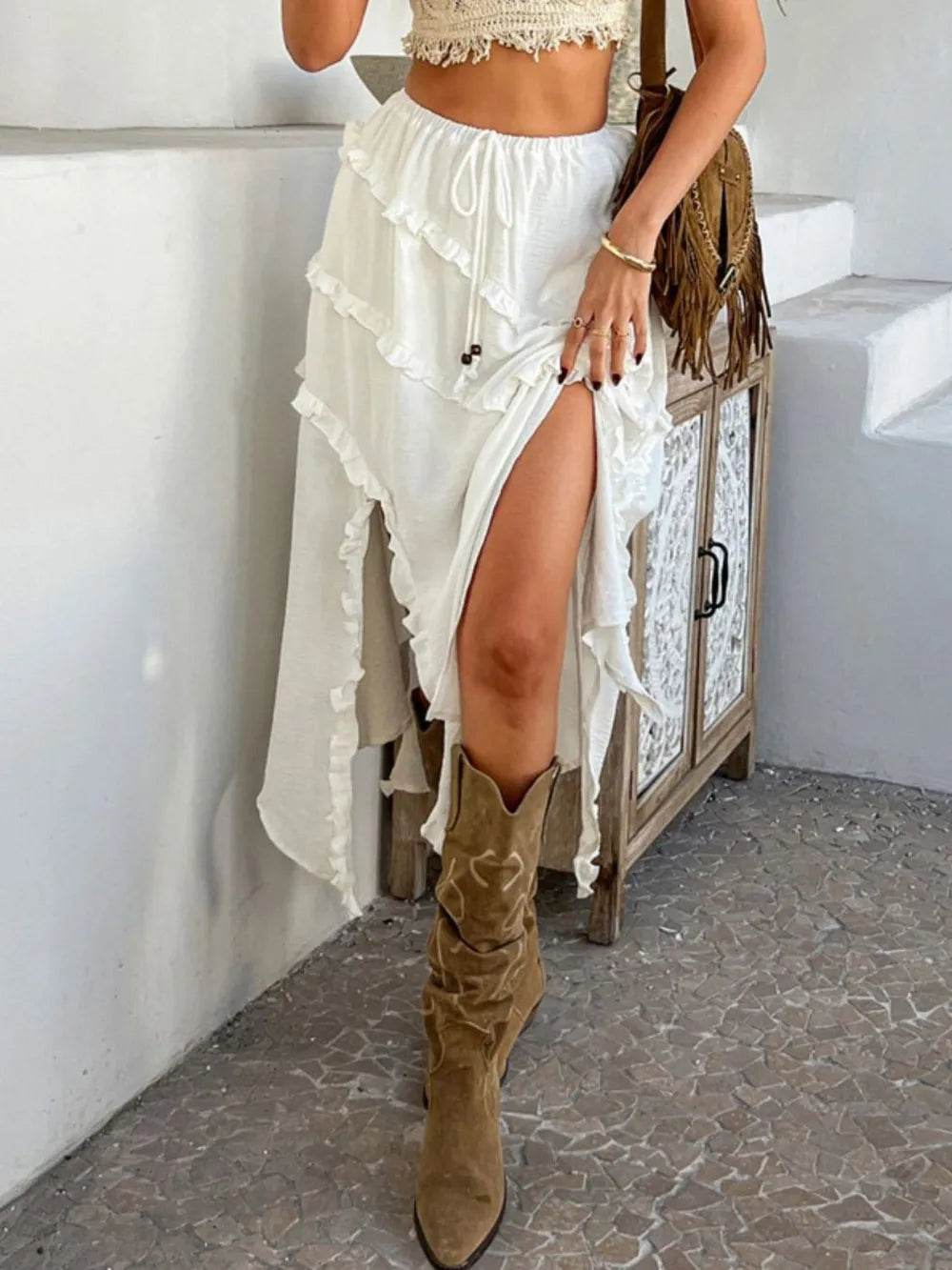 Devine Slit Drawstring Ruffled Skirt - Byyde