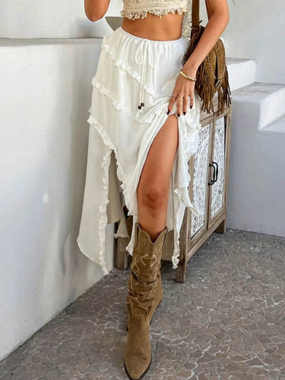 Devine Slit Drawstring Ruffled Skirt - Byyde