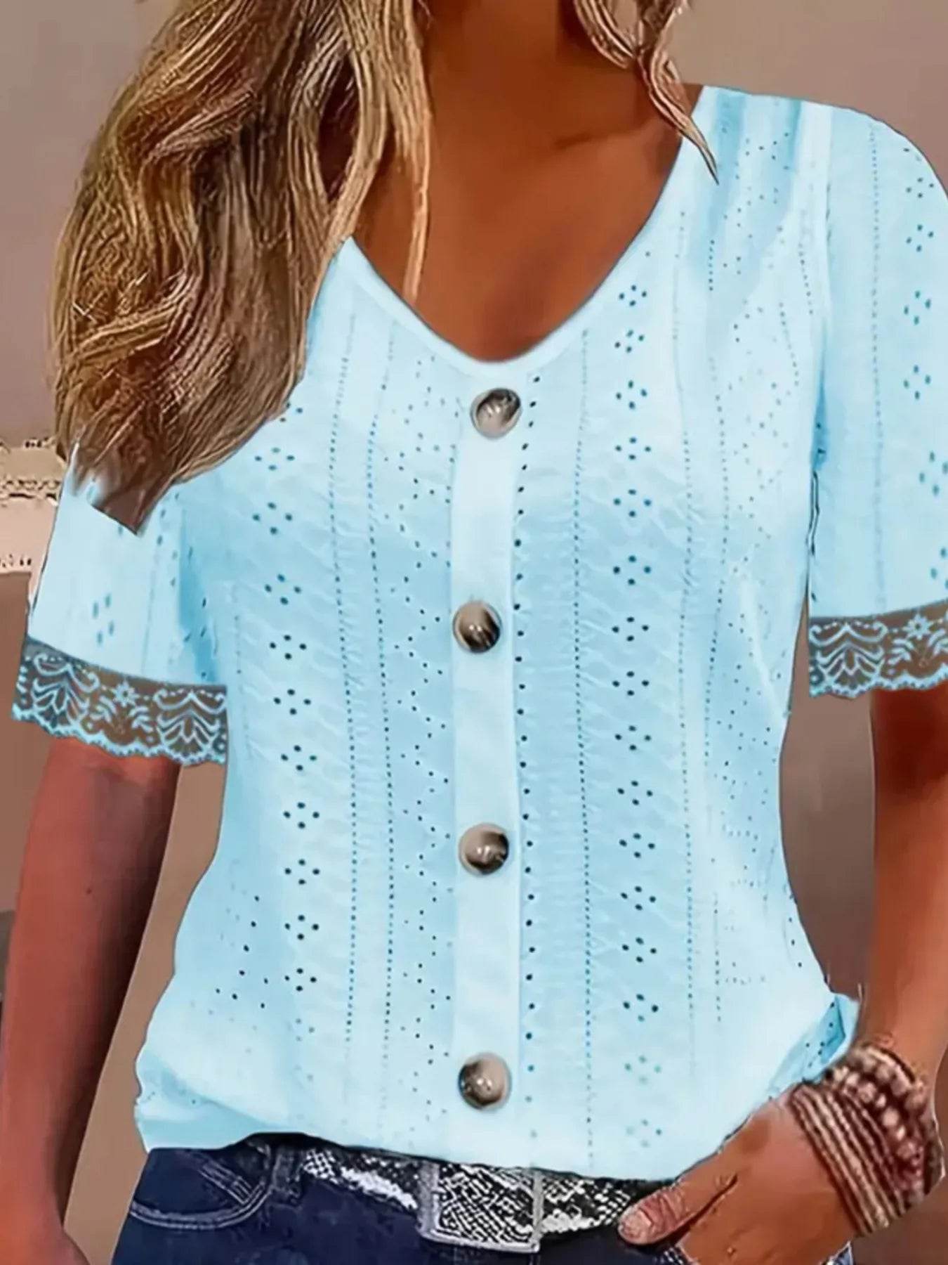 Eyelet Lace Trim Short Sleeve Blouse - Byyde