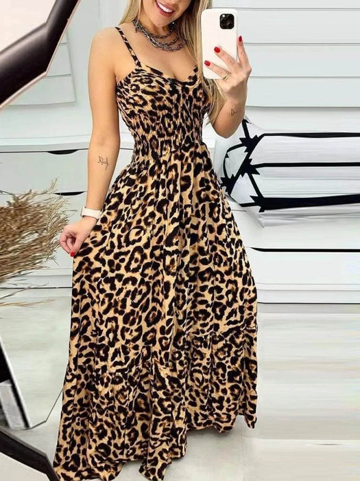 Full Size Leopard Print Spaghetti Strap Maxi Dress Plus Size - Byyde