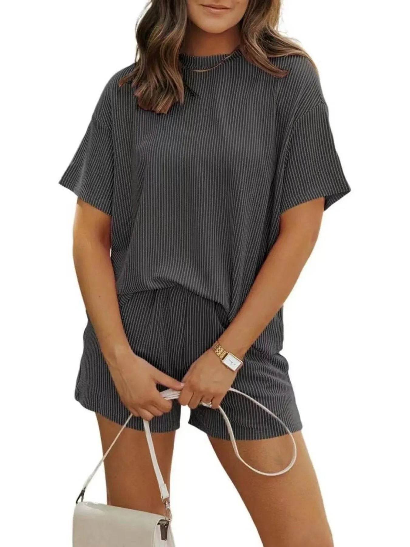 Full Size Ribbed Short Sleeve Top and Shorts Two-Piece Set Plus Size - Byyde