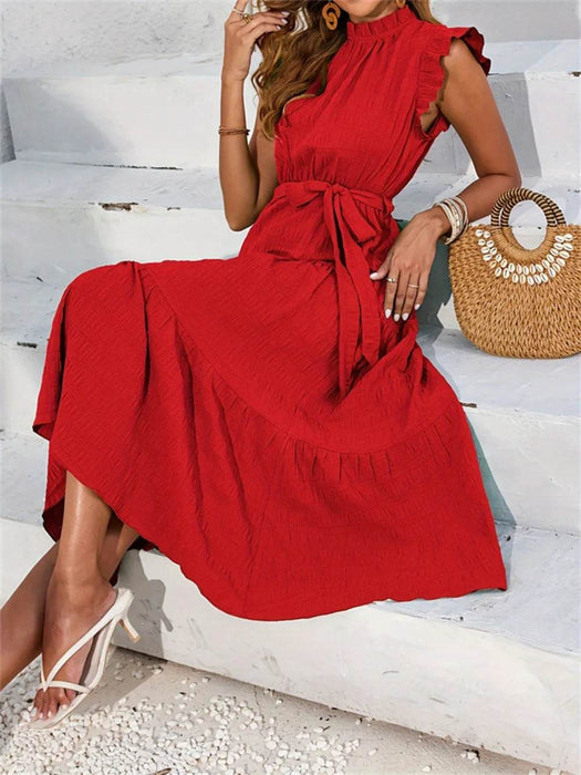 Frill Mock Neck Ruffled Cap Sleeve Midi Dress - Byyde