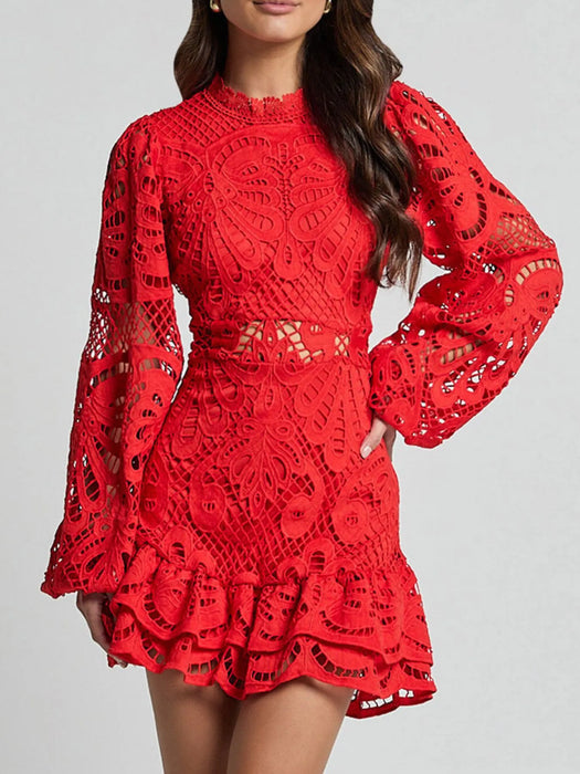 Lace Crochet Long Sleeve Mini Dress - Byyde