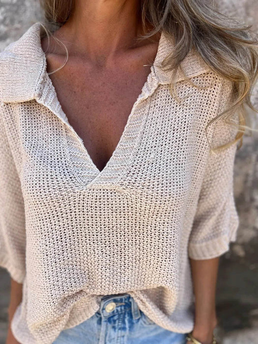 Full Size Johnny Collar Loose Knit Sweater Plus Size - Byyde