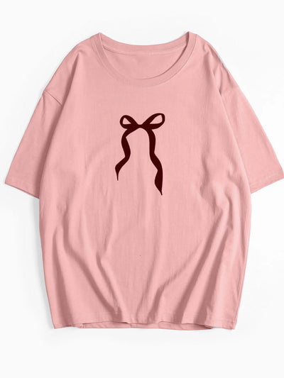 Plus Size Bow Round Neck Short Sleeve T-Shirt - Byyde