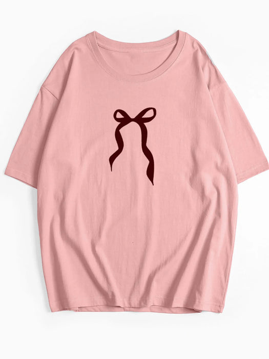 Plus Size Bow Round Neck Short Sleeve T-Shirt - Byyde