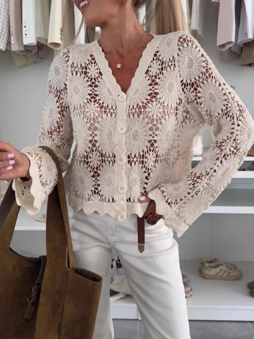 Lace V-Neck Button-Up Cardigan - Byyde
