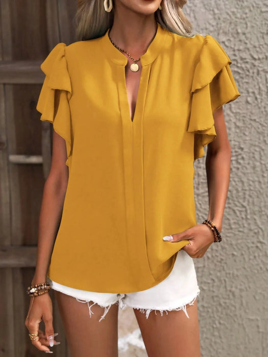 Ruffle Sleeve Notched Blouse - Byyde
