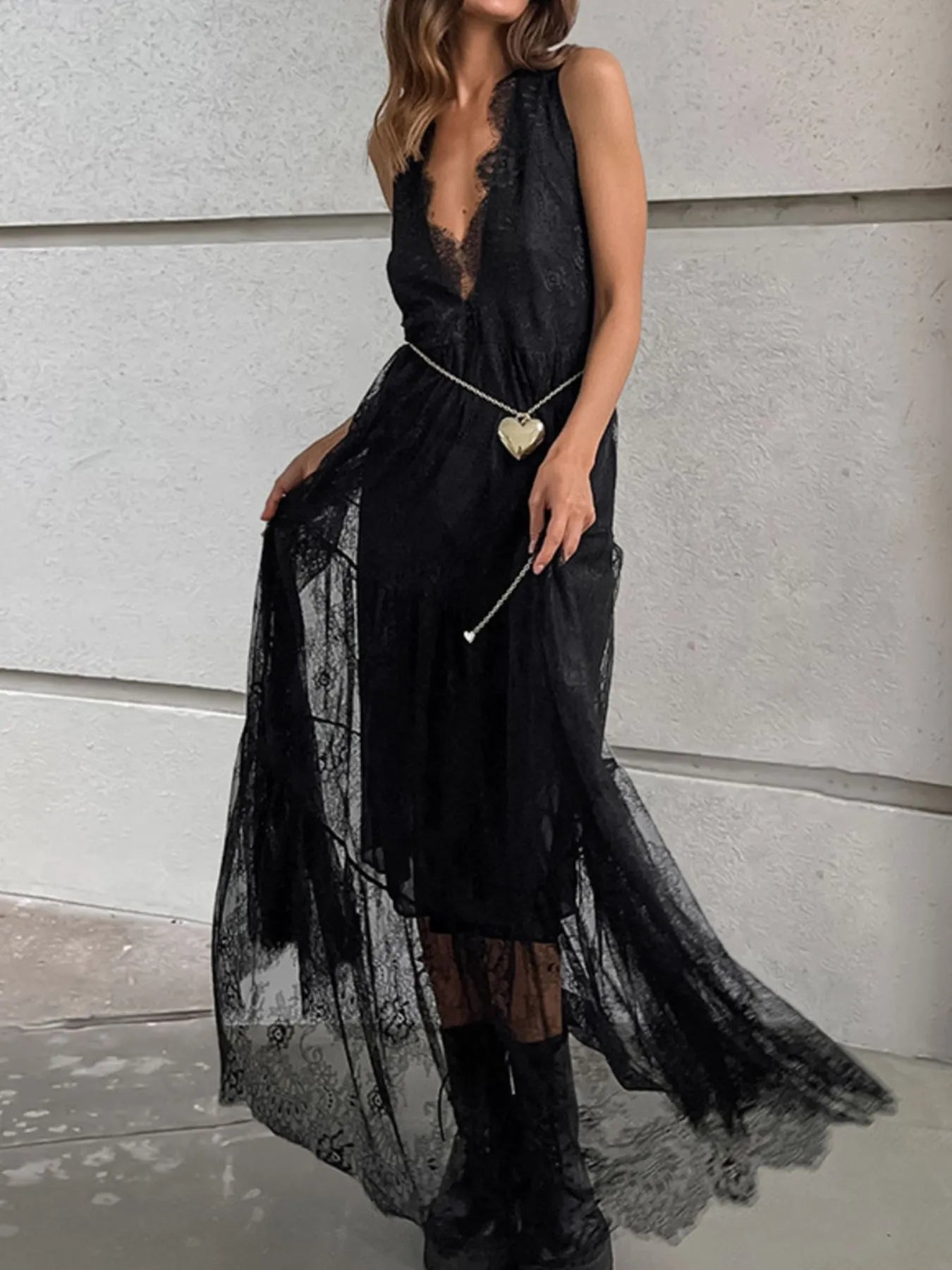 Lace Deep V-Neck Maxi Dress - Byyde