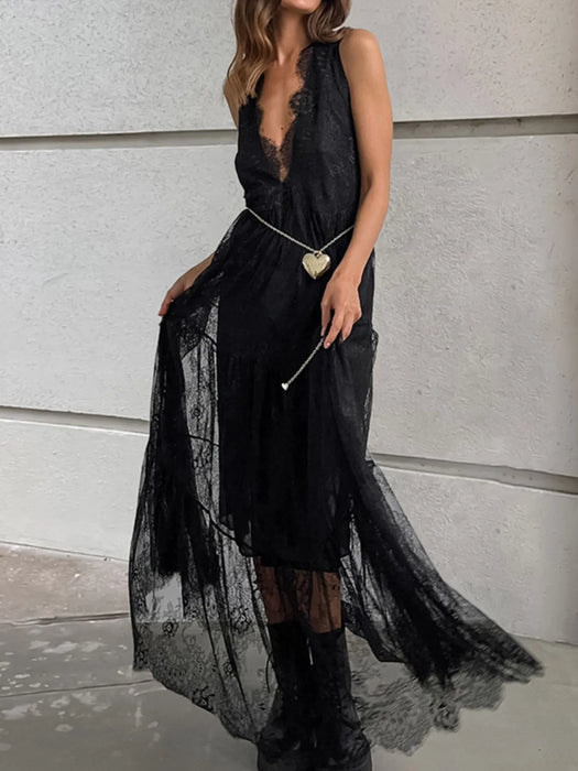 Lace Deep V-Neck Maxi Dress - Byyde