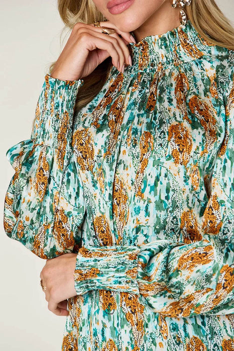 Double Take Full Size Printed Smocked Long Sleeve Blouse - Byyde