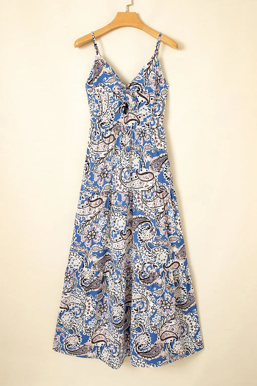Paisley Print Twist Detail Smocked Back Spaghetti Straps Dress - Byyde