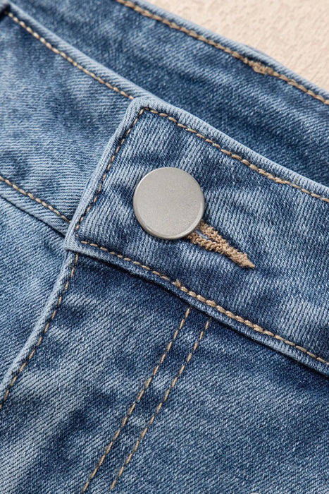 Pearl Beaded Raw Hem Wash Denim Shorts - Byyde