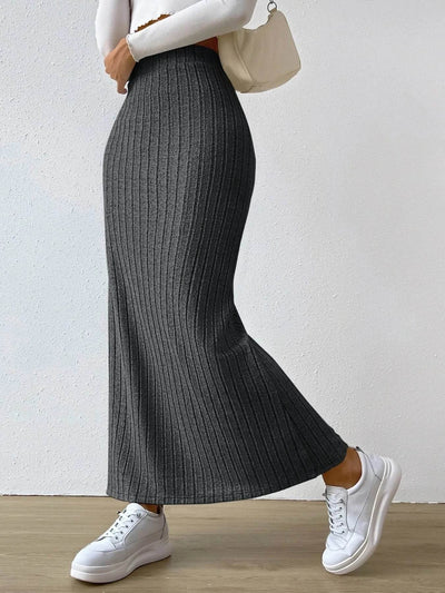 High Waist Ribbed Knit Maxi Skirt - Byyde