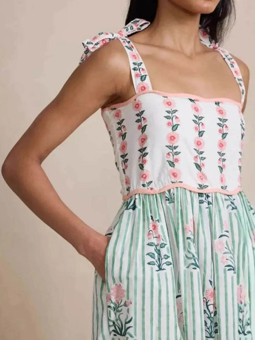Floral Striped Maxi Cami Dress with Tie Straps - Byyde