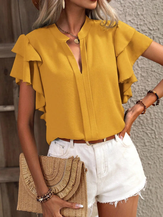 Ruffle Sleeve Notched Blouse - Byyde