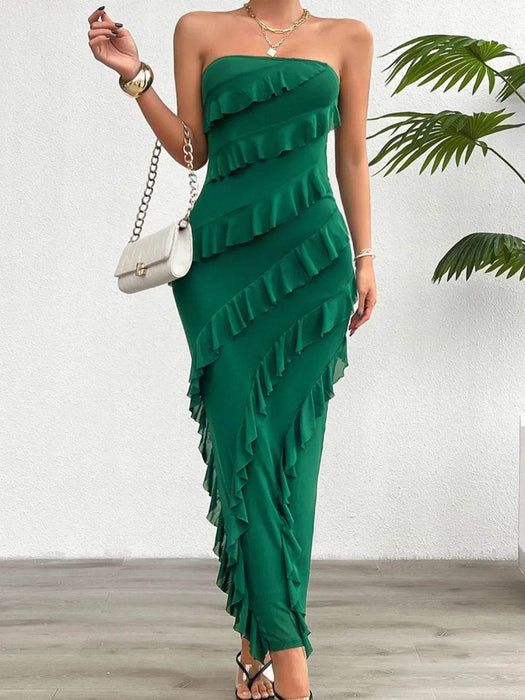 Devine Ruffled Slit Back Tube Maxi Dress - Byyde