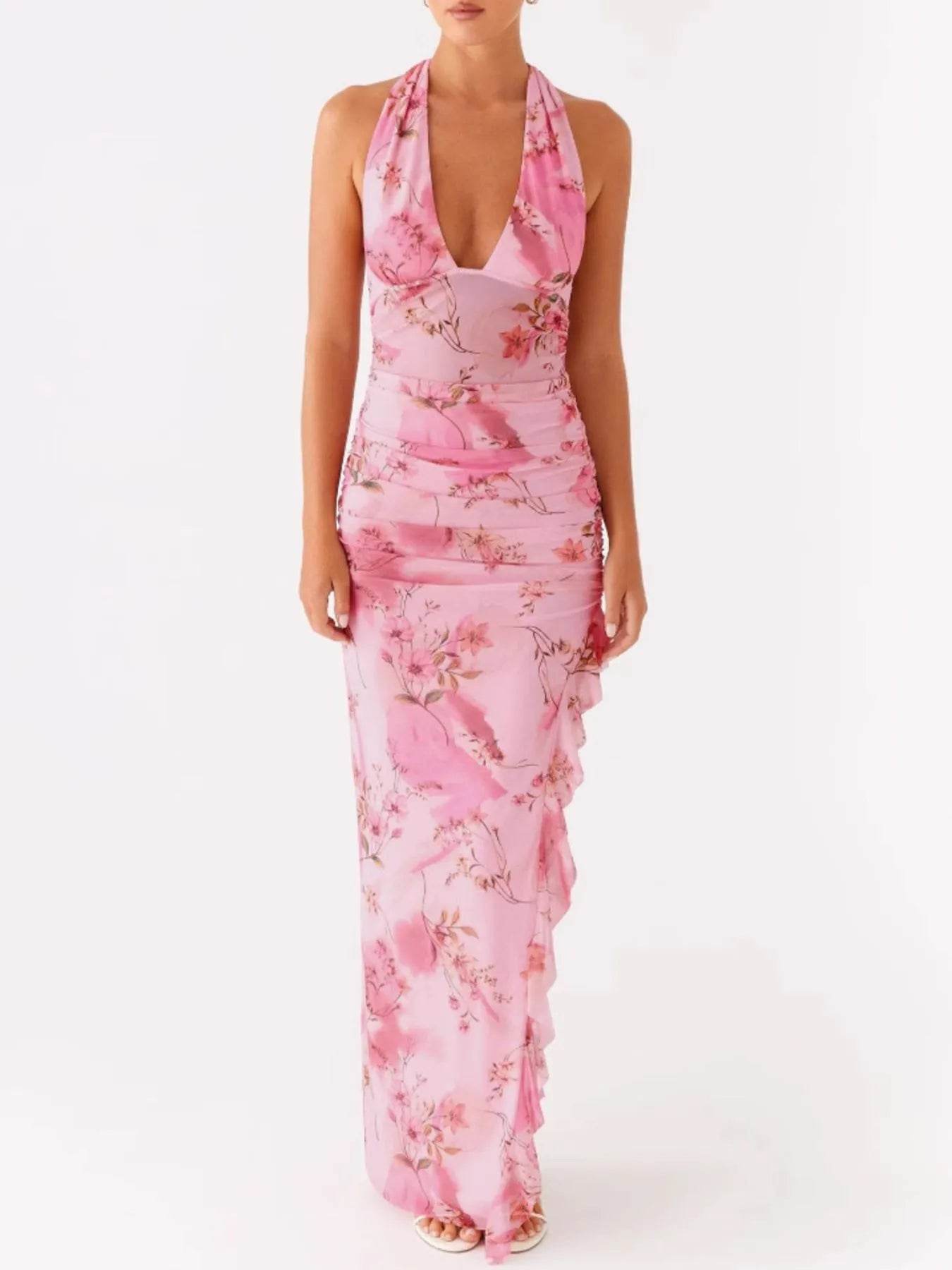 Ruffled Floral Print Halter Neck Cami Dress - Byyde