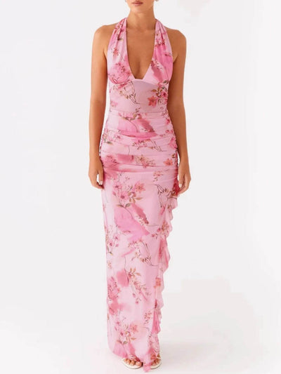 Ruffled Floral Print Halter Neck Cami Dress - Byyde