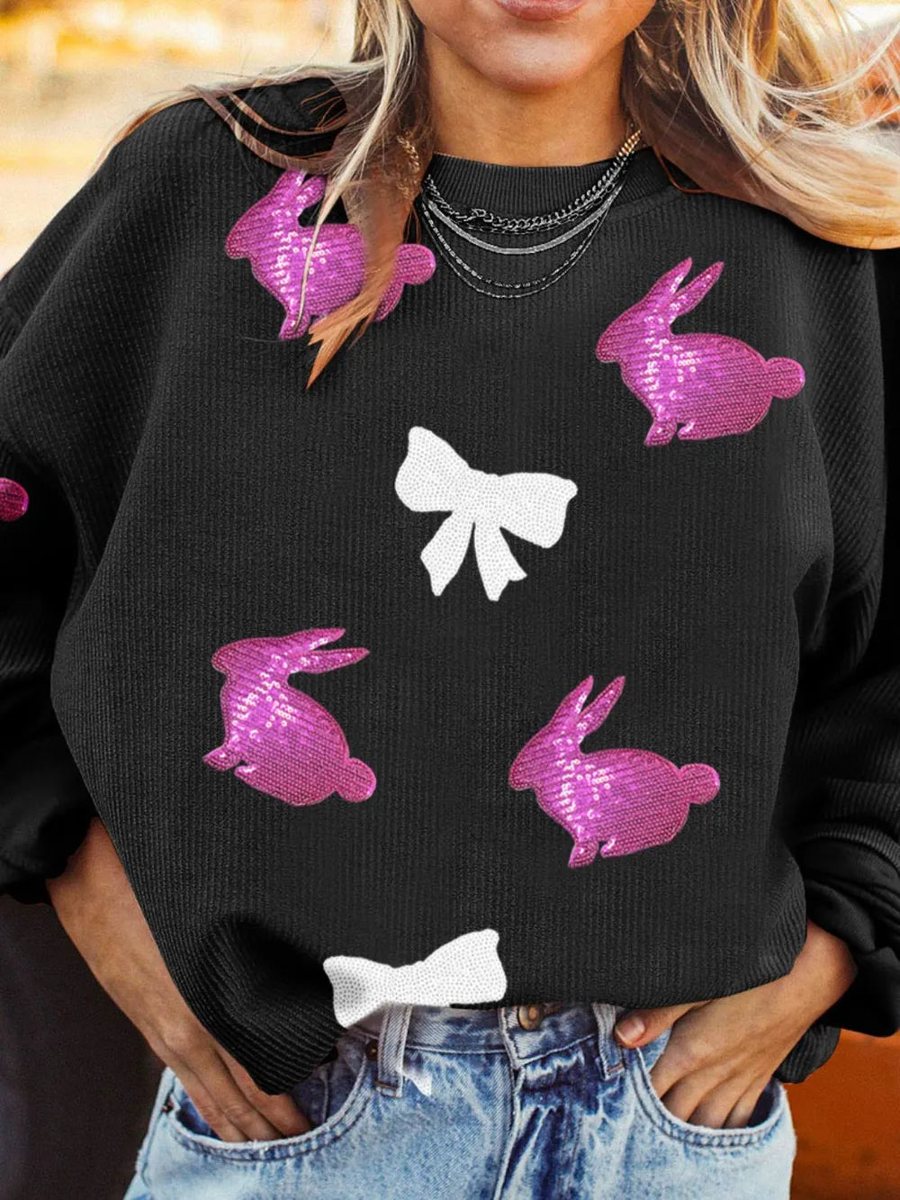 Sequin Bunny Bow Easter Corded Rib Sweatshirt - Byyde