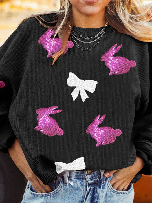 Sequin Bunny Bow Easter Corded Rib Sweatshirt - Byyde