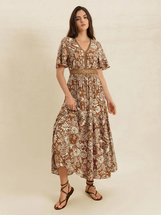 Lace Detail Printed Short Sleeve Midi Dress - Byyde