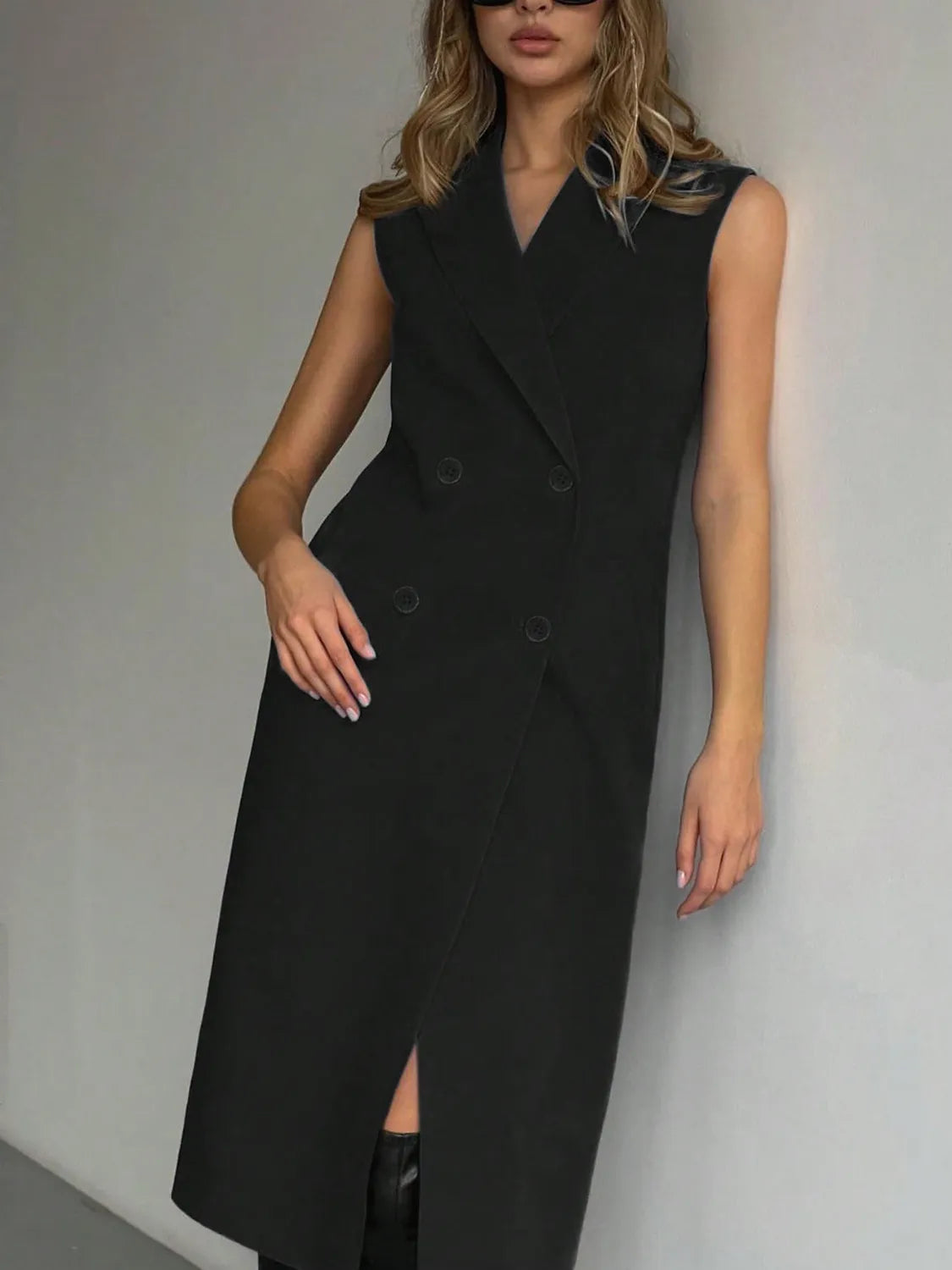 Lapel Collar Sleeveless Longline Blazer - Byyde