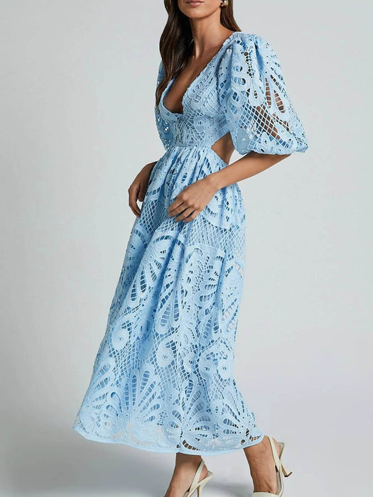 Cutout Back Lace Crochet V-Neck Dress - Byyde