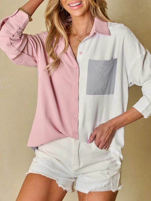 Color Block Oversized Button-Up Shirt with Chest Pocket - Byyde