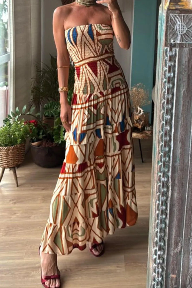 Smocked Printed Tube Dress - Byyde