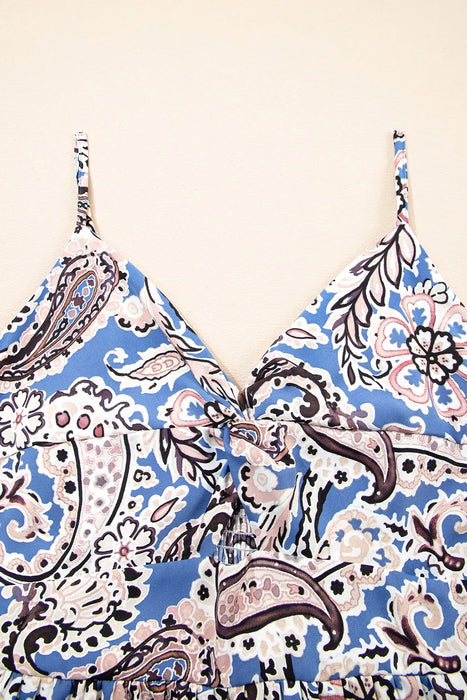 Paisley Print Twist Detail Smocked Back Spaghetti Straps Dress - Byyde