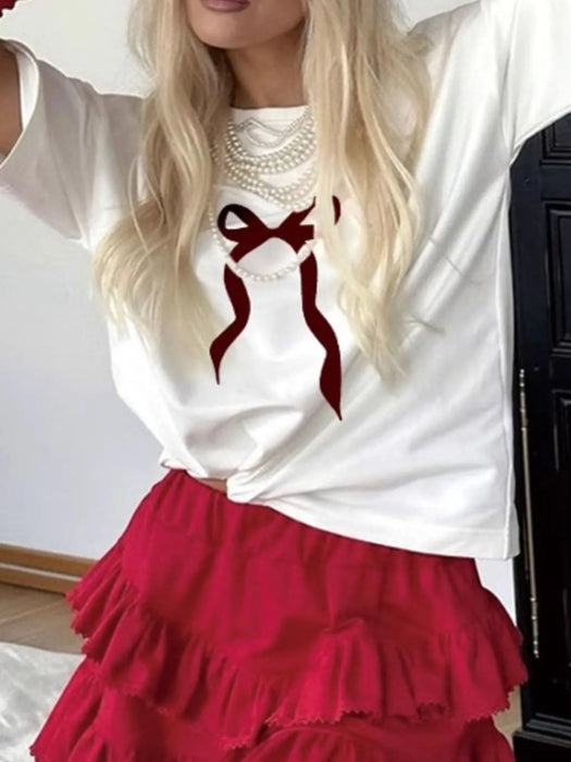 Plus Size Bow Round Neck Short Sleeve T-Shirt - Byyde