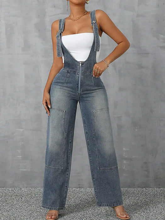 Zip Front Wide Strap Denim Overalls - Byyde