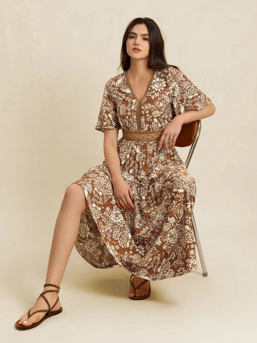 Lace Detail Printed Short Sleeve Midi Dress - Byyde