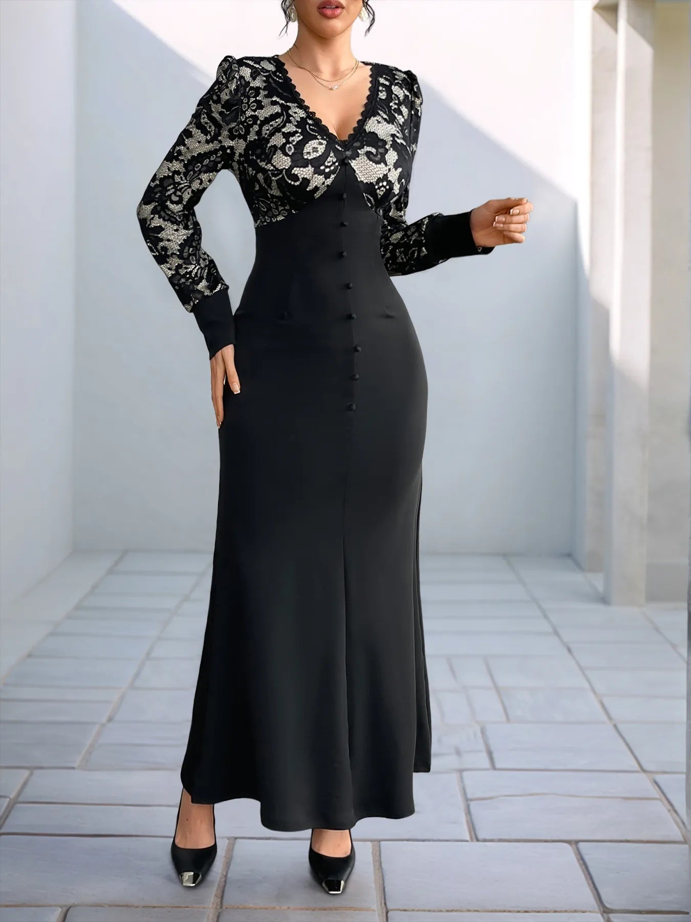 Lace V-Neck Long Sleeve Maxi Dress - Byyde