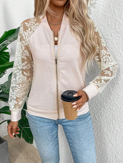 Lace Baseball Collar Zip Up Jacket - Byyde