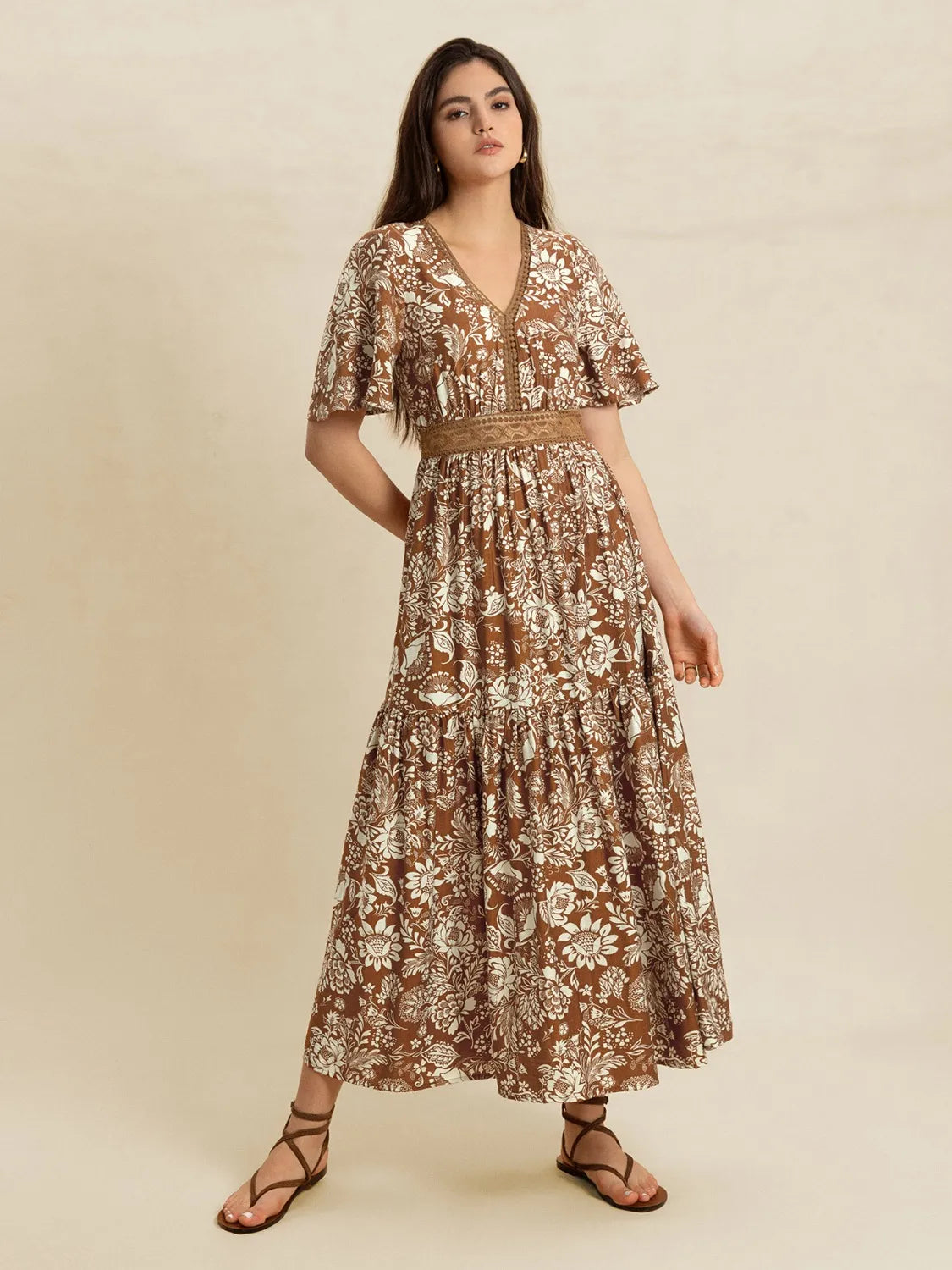 Lace Detail Printed Short Sleeve Midi Dress - Byyde