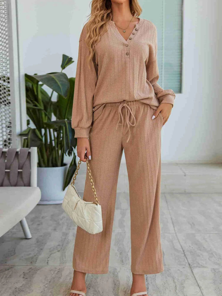Ribbed Knit Top and Pants Lounge Set with Button Detail - Byyde