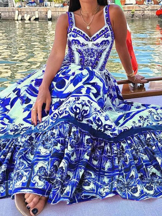 Full Size Printed Sweetheart Neck Maxi Cami Dress Plus Size - Byyde
