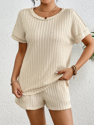 Texture Round Neck Top and Shorts Lounge Set - Byyde